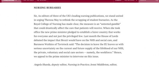 Nursing in Practice urges PM to reconsider student bursary decision in letter to The Times
