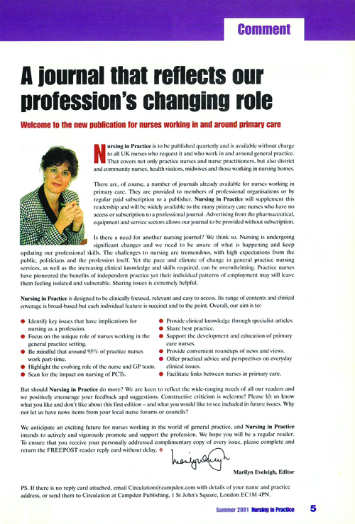 Issue 1 of Nursing in Practice, and Marilyn’s first column